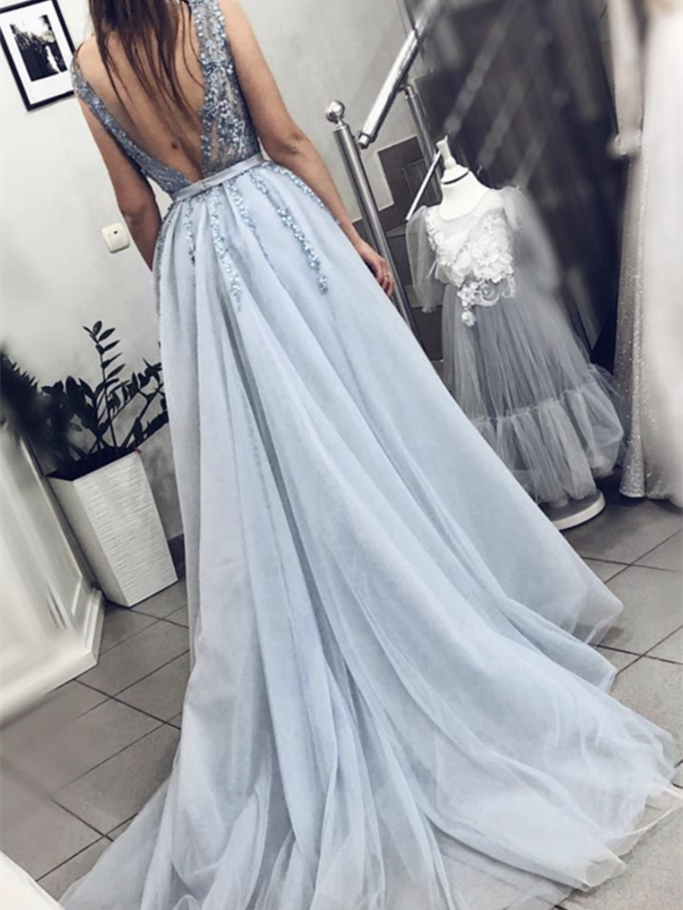 Shining A-line Evening Dresses Tulle Beaded Prom Gowns PD385