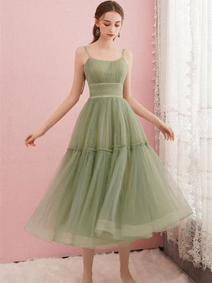 Sweet A-line Prom Dresses Tulle Tea-length Evening Gowns PD391