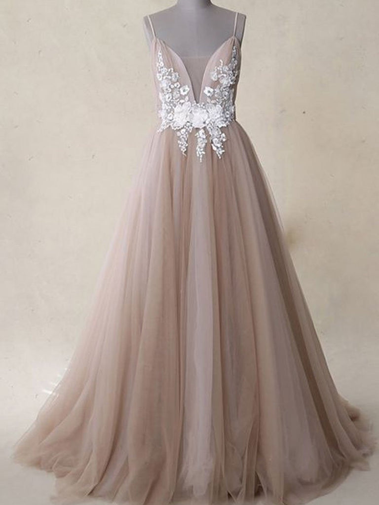 Spaghetti Straps A-line Prom Desses Tulle Appliqued Evening Dresses PD393