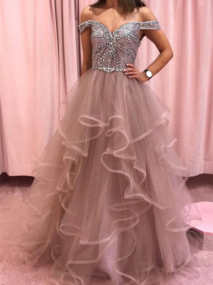 Shining Beaded A-line Prom Dresses Tulle Tiered Evening Gowns PD395