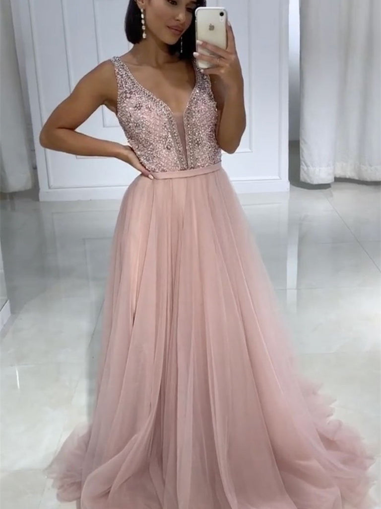 V-neck Tulle Prom Dresses A-line Beaded Evening Gowns PD396