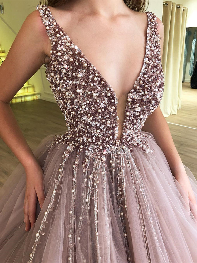 V-neck Ball Gowns Prom Dresses Tulle Beaded Evening Gowns PD400