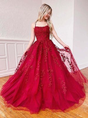 Appliqued Tulle Prom Dresses A-line Spaghetti Straps Gowns PD405