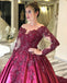 Scoop Satin Ball Gown Evening Dresses With Long Sleeves And Appliques PD410