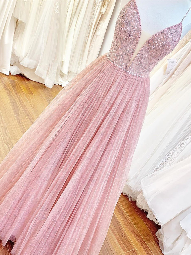Spaghetti Straps Tulle Prom Dresses A-line Evening Dresses With Beads PD413
