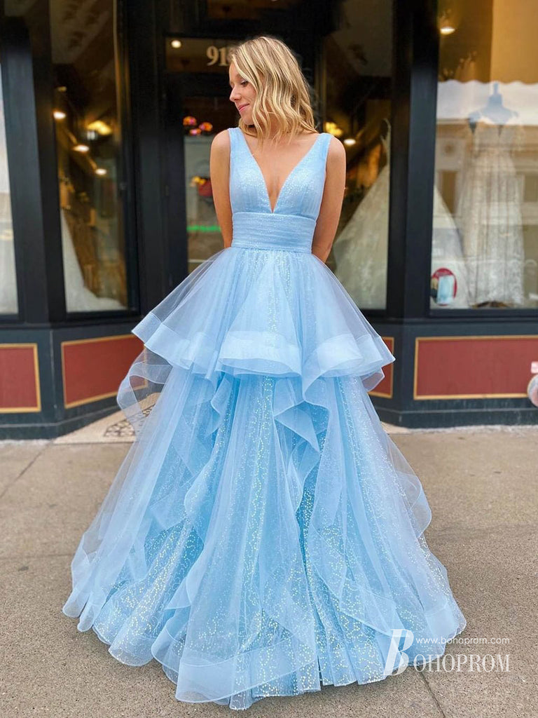 Modest Tulle Prom Dresses A-line Tiered Evening Gowns PD418