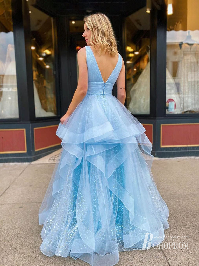 Modest Tulle Prom Dresses A-line Tiered Evening Gowns PD418