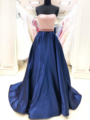 Strapless Satin A-line Prom Dresess With Beads Long Gowns PD425
