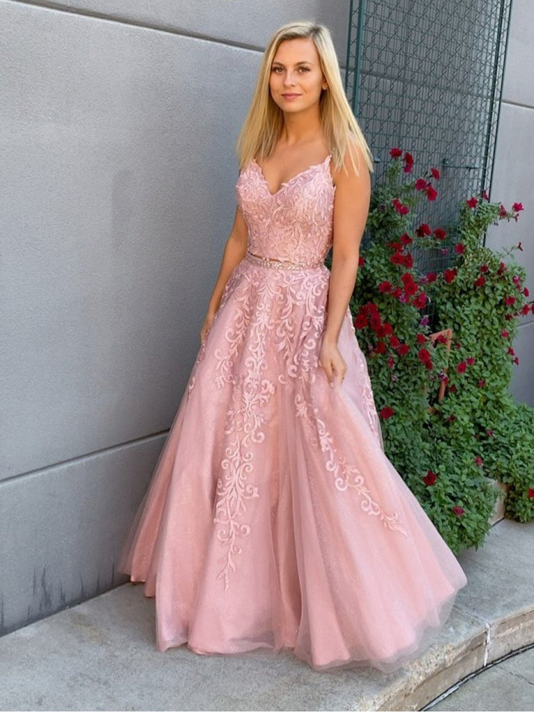 2 Pieces A-line Prom Dresses Lace Appliqued Evening Gowns PD433