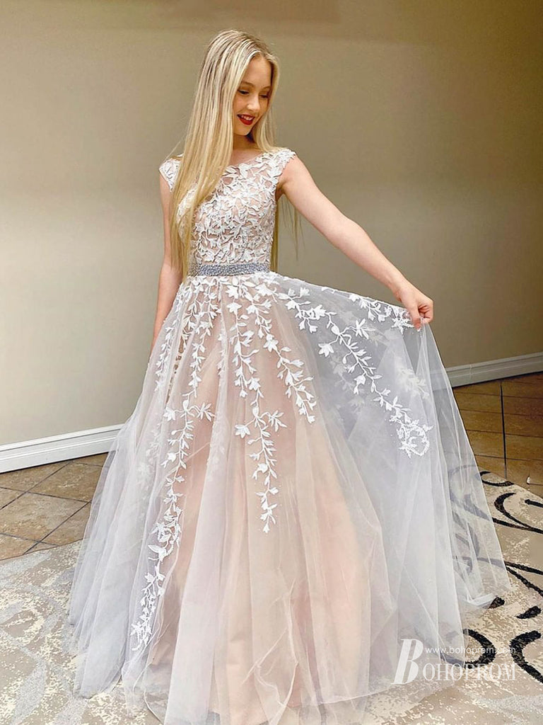 Elegant Bateau A-line Prom Dresses Tulle Appliqued Evening Gowns PD444