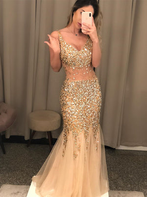 Modern V-neck Mermaid Prom Dresses With Rhinestones PD446