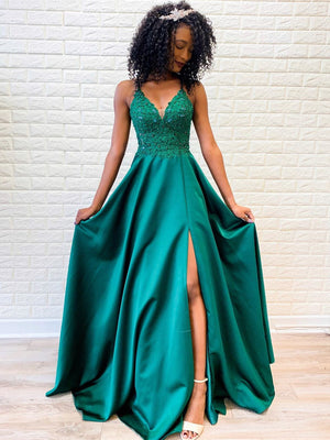 Sexy Satin A-line Prom Dresses With Appliques And Beads PD448