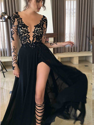 Long Sleeves A-line Prom dresses Chiffon Evening Gowns PD450