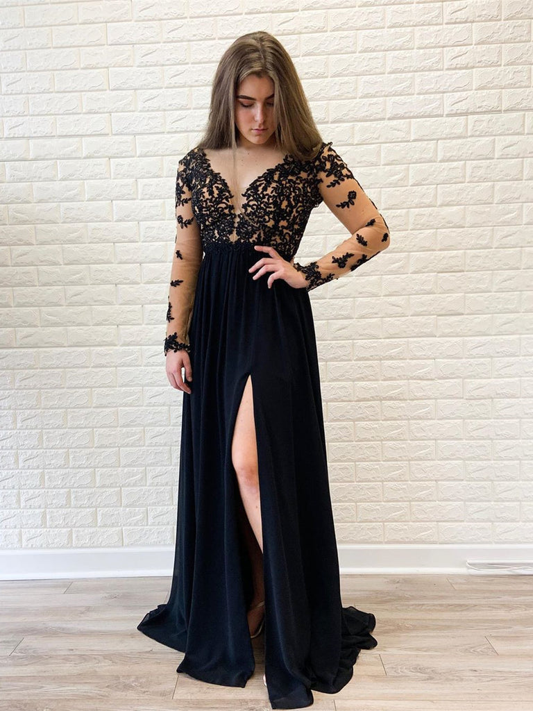 Long Sleeves A-line Prom dresses Chiffon Evening Gowns PD450