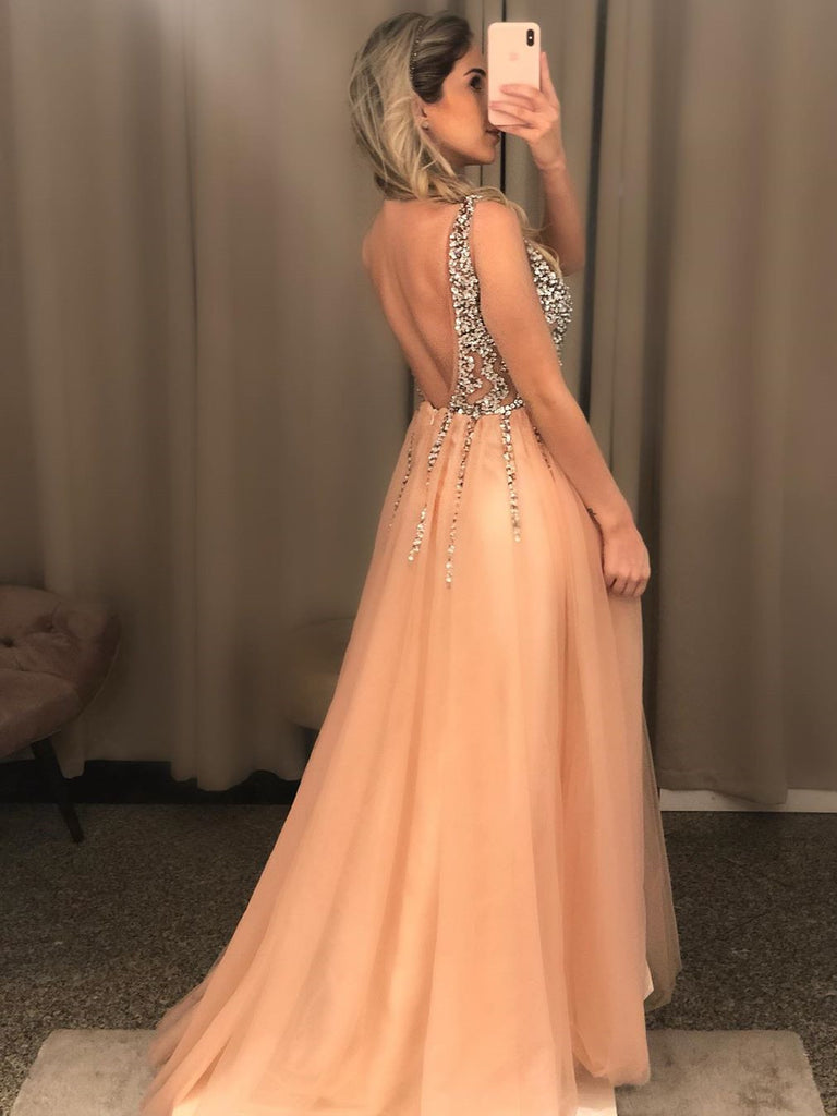 Sexy V-neck Tulle A-line Prom Dresses With Rhinestones And Slit PD453