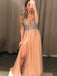 Sexy V-neck Tulle A-line Prom Dresses With Rhinestones And Slit PD453