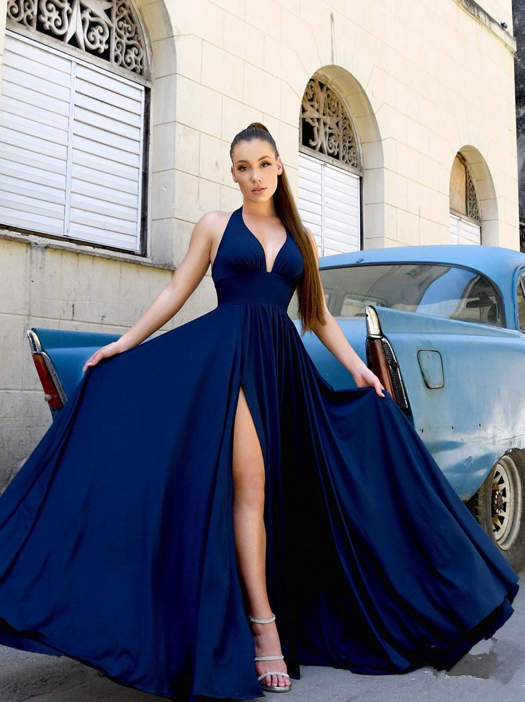 Elegant Satin A-line Prom Dresses With Slit Long Evening Gowns PD455