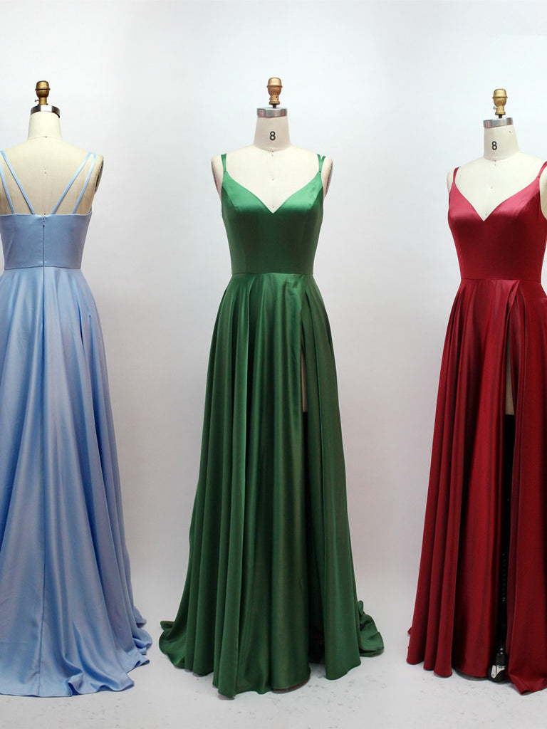 Simple Satin A-line Prom Dresses With Slit Long Evening Gowns PD457