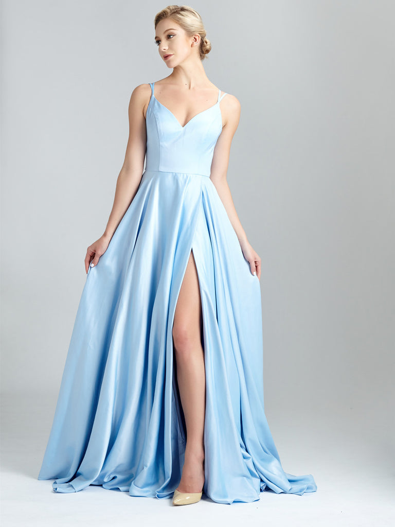 Simple Satin A-line Prom Dresses With Slit Long Evening Gowns PD457