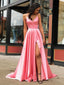 Simple Satin A-line Prom Dresses With Slit Long Evening Gowns PD457