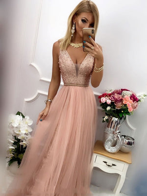 Popular Tulle Prom Dresses A-line Beaded Evening Gowns PD461