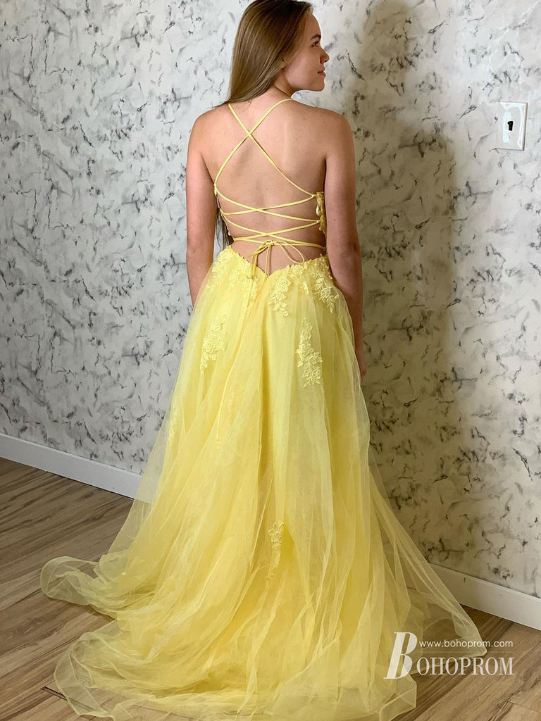 Spaghetti Straps A-line Prom Dresses Tulle Appliqued Gowns PD463
