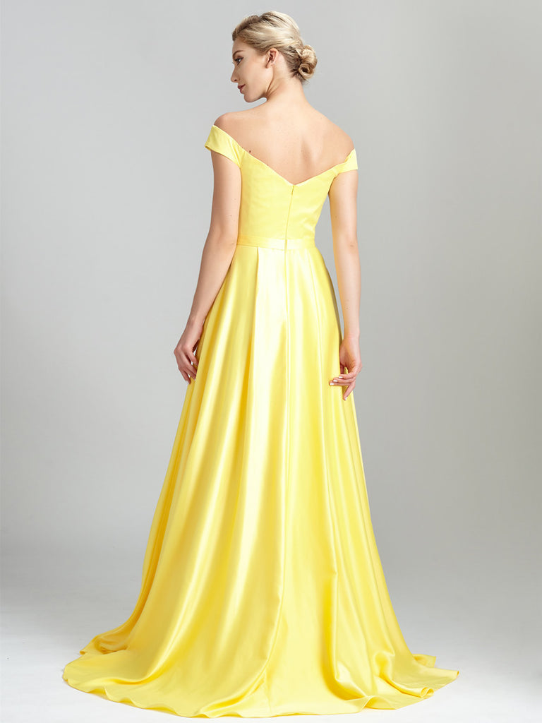 Simple Satin A-line Prom Dresses With Cap Sleeves And Slit PD466