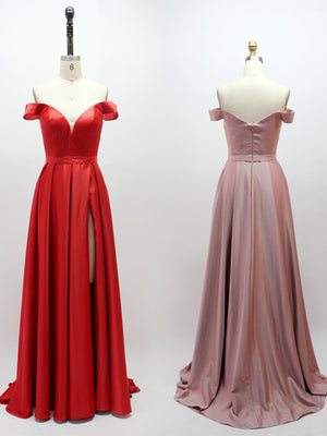 Simple Satin A-line Prom Dresses With Cap Sleeves And Slit PD466