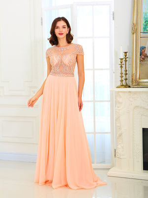 Illusion A-line Prom Dresses Long Chiffon Evening Dress With Beads PD470