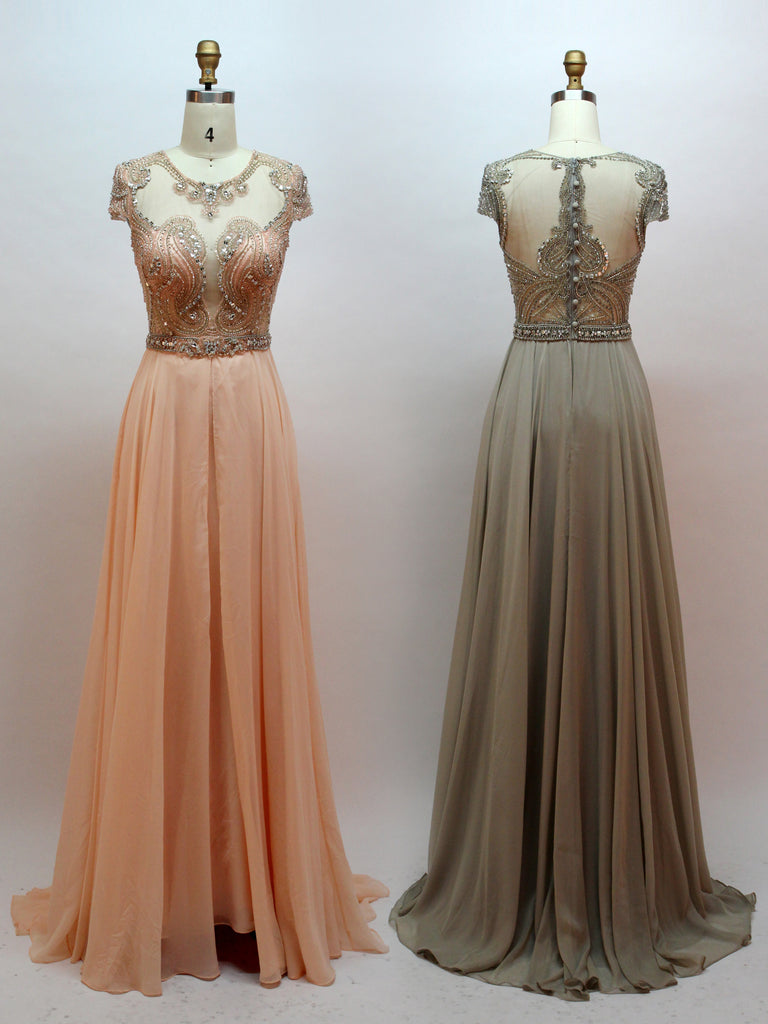 Illusion A-line Prom Dresses Long Chiffon Evening Dress With Beads PD470