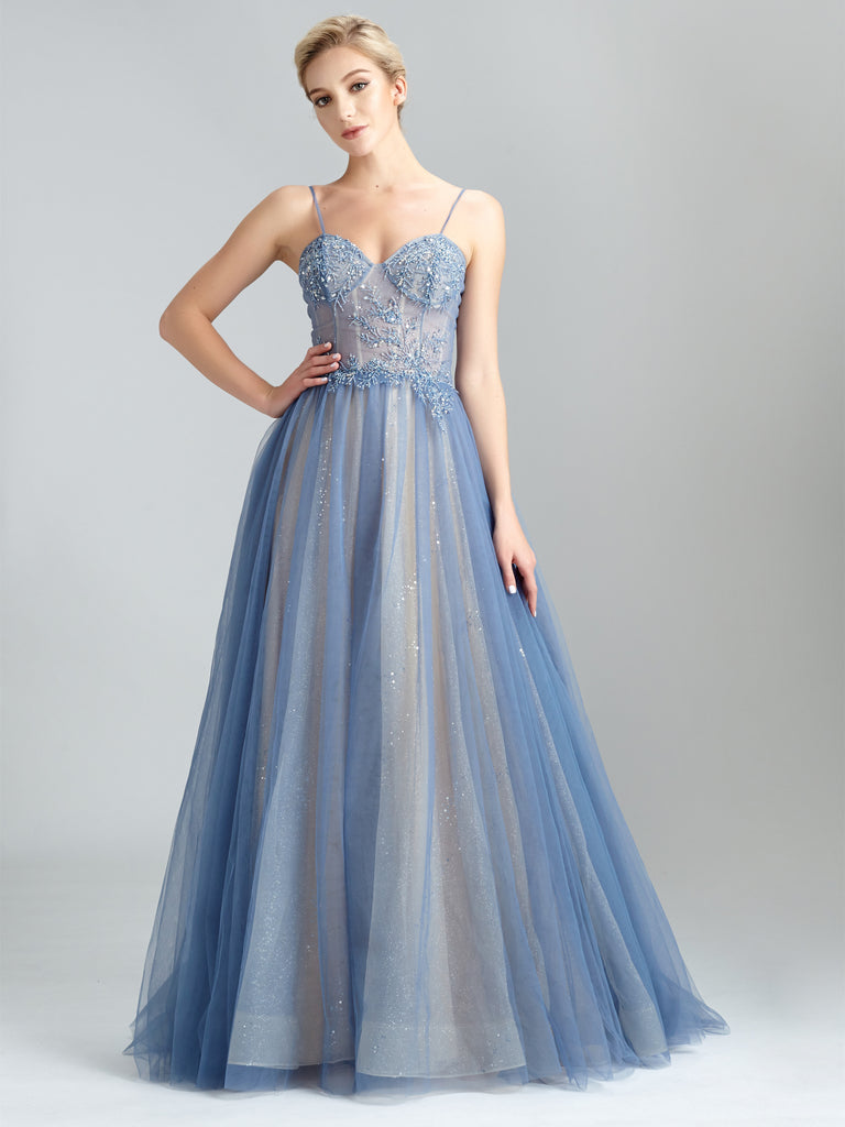 Spaghetti Straps A-line Prom Dresses Tulle Appliqued Gowns PD472