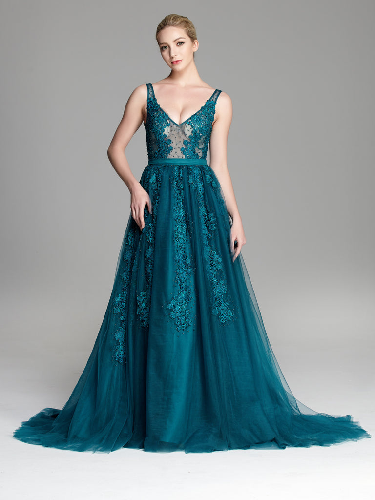 Appliqued Tulle Prom Dresses A-line Appliqued Evening Gowns PD474