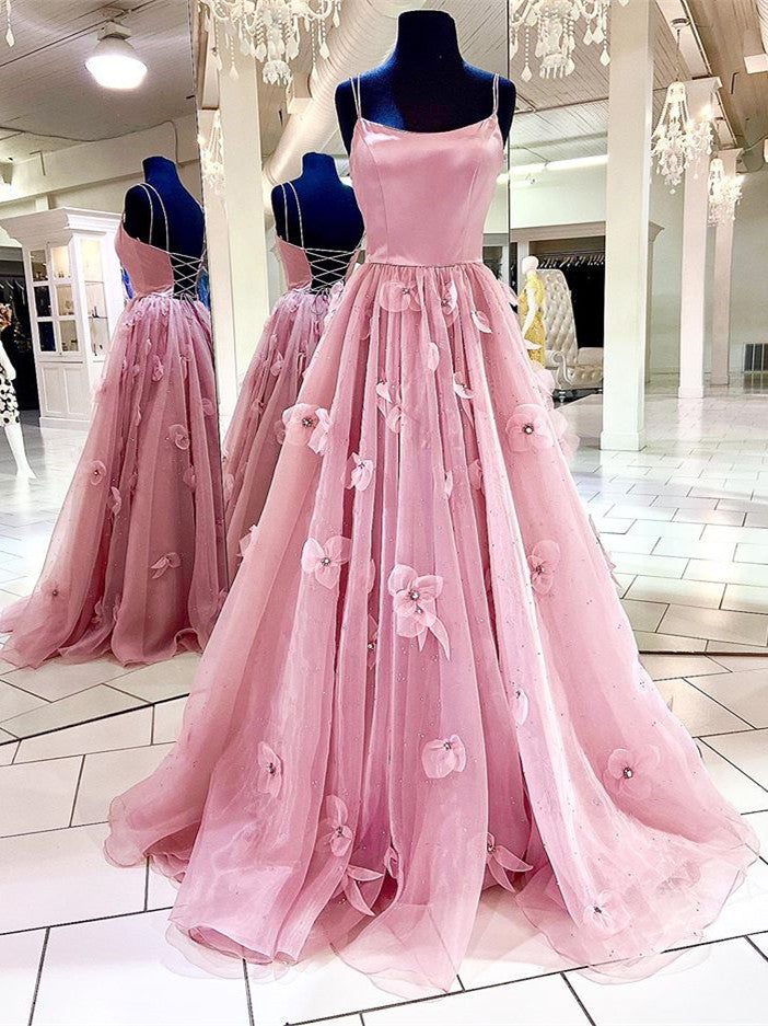 Elegant Spaghetti Straps Appliques Prom Dresses Satin A-line Evening Gowns PD710