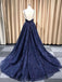 Sparkly Spaghetti Straps Sweep Train Lace A-line Long Prom Dresses PD480