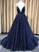 Sparkly Spaghetti Straps Sweep Train Lace A-line Long Prom Dresses PD480