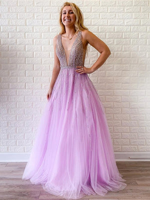 Charming V-neck Tulle Prom Dresses A-line Beaded Gowns PD481