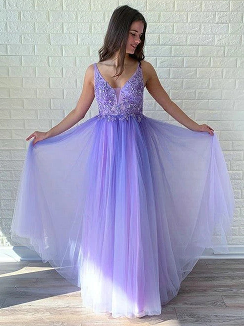 Beaded Tulle Prom Dresses A-line Appliqued Evening Gowns PD486