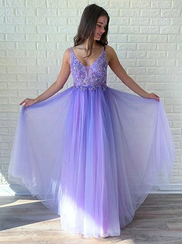 Beaded Tulle Prom Dresses A-line Appliqued Evening Gowns PD486