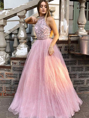 Halter Shining Tulle Prom Dresses A-line Appliqued Gowns PD490
