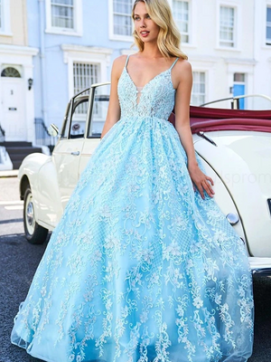 Spaghetti Straps Lace Prom Dresses A-line Appliqued Gowns PD492