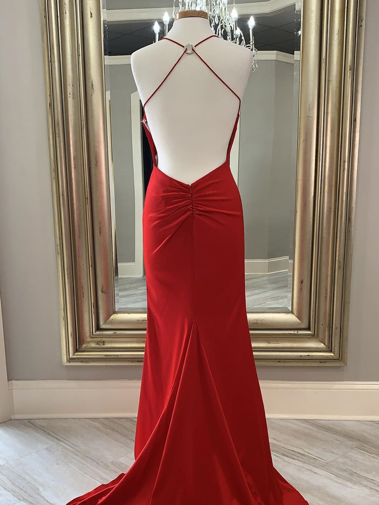 Simple Satin Halter Sweetheart Prom Dresses Open Back Sheath Prom Gowns PD499