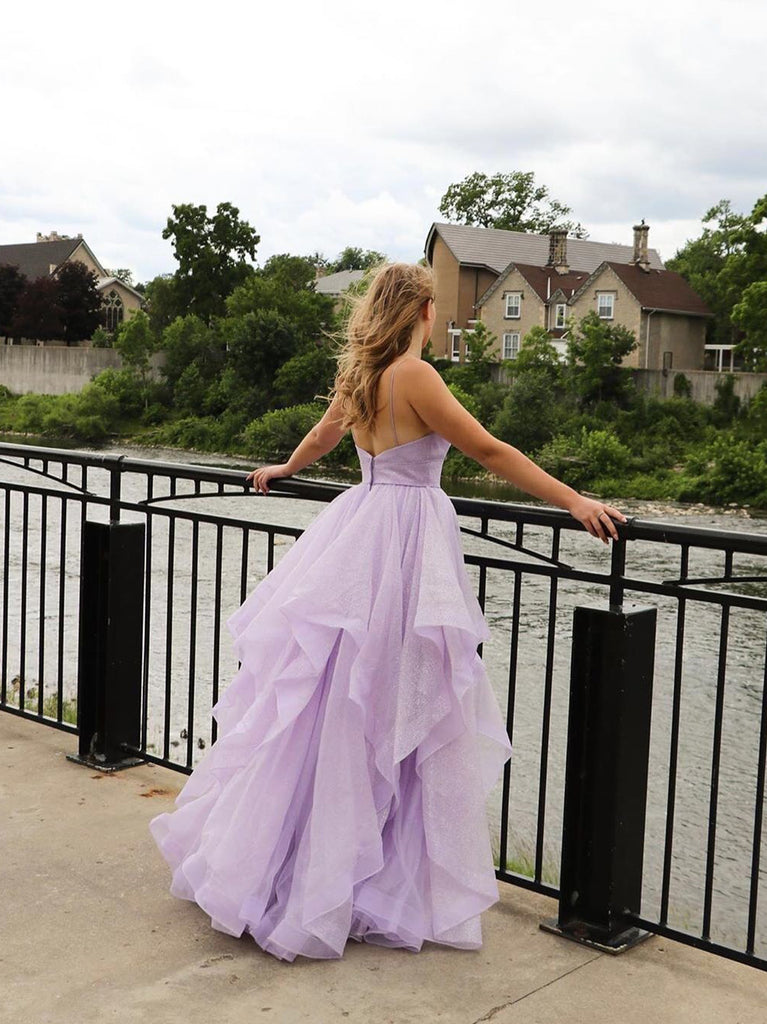 Stunning Shining Spaghetti Straps Tulle Prom Dresses A-line Tiered Evening Gowns PD500
