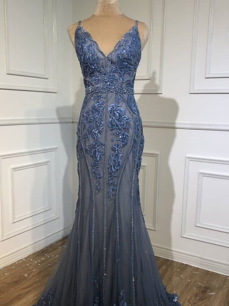 Delicate Shining V-Neck Mermaid Prom Dresses With Beaded Appliques PD506