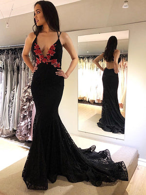 Sexy V-Neck Flower Lace Mermaid Spaghetti Straps Backless Prom Dress PD512