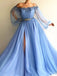 Illusion Jewel Long Sleeves Beaded Appliqued Slit Tulle Sweep Train Prom Dresses PD524