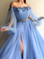 Illusion Jewel Long Sleeves Beaded Appliqued Slit Tulle Sweep Train Prom Dresses PD524