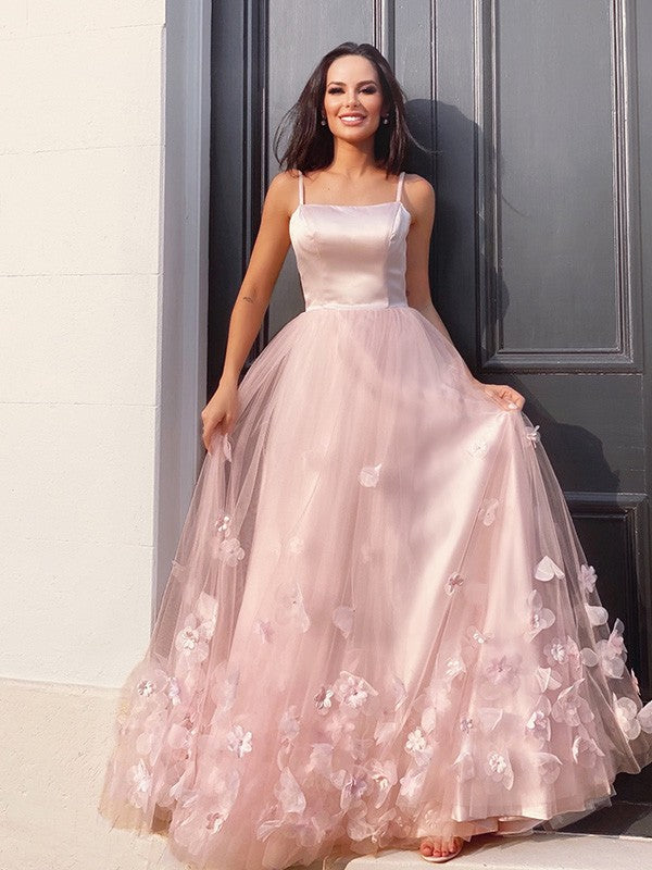 Beautiful Long A-line Spaghetti Straps Floor-Length Tulle Appliqued Prom Dresses PD527