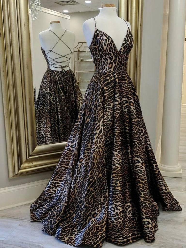 Unique Leopard Spaghetti Straps  Prom Dresses A-line Evening Dresses PD531