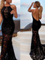 Elegant Illusion Halter Lace Black Mermaid Backless Prom Dresses With Sweep Train PD539