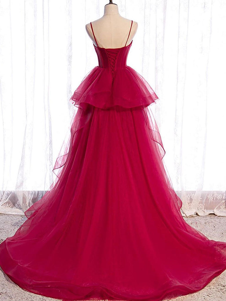 Elegant Spaghetti Straps A-line Prom Dresses Tiered Tulle PD542